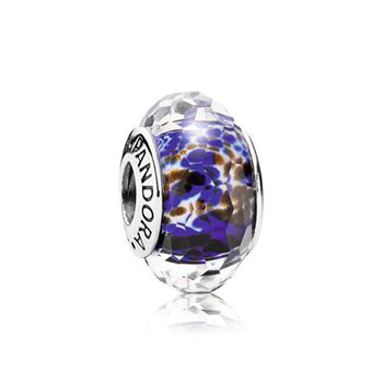 Pandora Abstract faceted fritt silver charm with blue, white and brown MURANO GLASS 791609