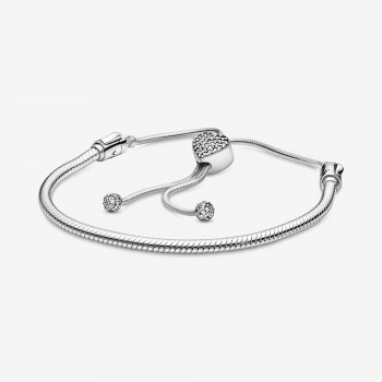 Pandora Moments Pave Heart Clasp Snake Chain Slider Bracelet 598699C01