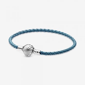Pandora Moments Seashell Clasp Turquoise Braided Leather Bracelet 598951C01-S
