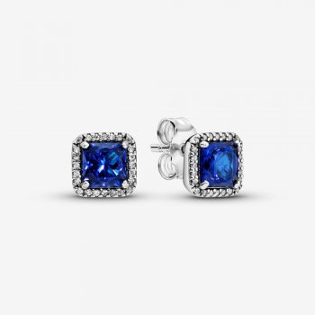 Blue Square Sparkle Halo Stud Earrings 290591NBT